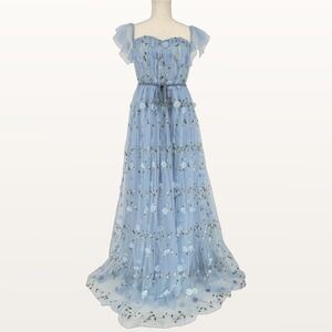 Mgiacy Blue Tulle Floral Embroidered Maxi Dress S Fairycore Etherial Wedding